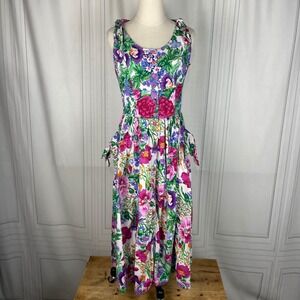 Vintage 80's Floral Cotton‎ Button-down Sleeveless Midi Dress - Medium
